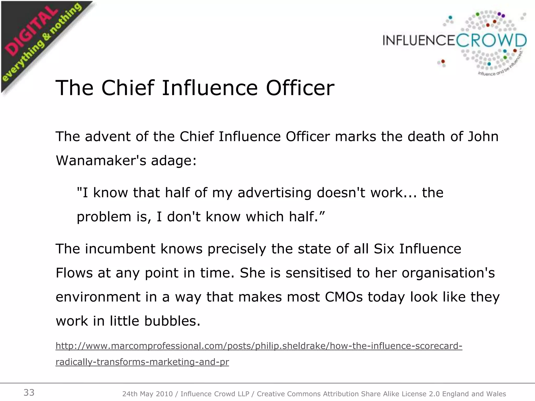 The advent of the Chief Influence Officer marks the death of John Wanamaker's adage:"I know that half of my advertising doesn't work... the problem is, I don't know which half.”The incumbent knows precisely the state of all Six Influence Flows at any point in time. She is sensitised to her organisation's environment in a way that makes most CMOs today look like they work in little bubbles.http://www.marcomprofessional.com/posts/philip.sheldrake/how-the-influence-scorecard-radically-transforms-marketing-and-prThe Chief Influence Officer24th May 2010 / Influence Crowd LLP / Creative Commons Attribution Share Alike License 2.0 England and Wales33