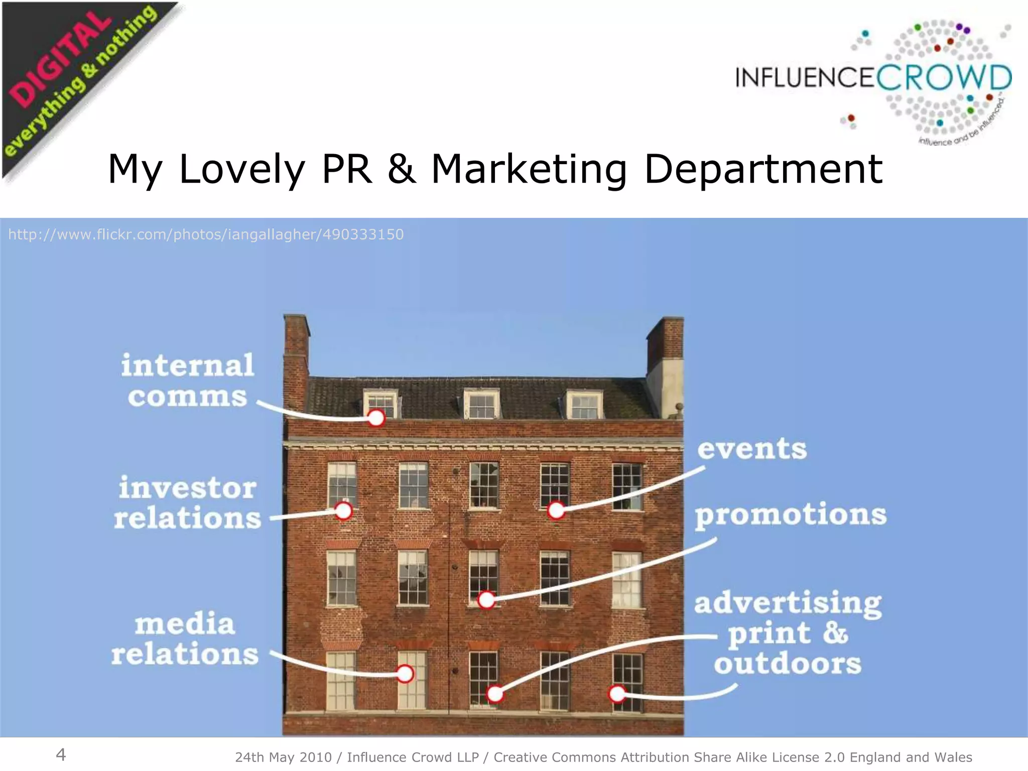 My Lovely PR & Marketing Department24th May 2010 / Influence Crowd LLP / Creative Commons Attribution Share Alike License 2.0 England and Wales4http://www.flickr.com/photos/iangallagher/490333150