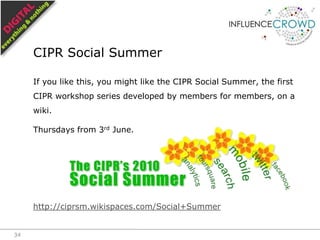 If you like this, you might like the CIPR Social Summer, the first CIPR workshop series developed by members for members, on a wiki.,[object Object],Thursdays from 3rd June.,[object Object],http://ciprsm.wikispaces.com/Social+Summer,[object Object],CIPR Social Summer,[object Object],34,[object Object]