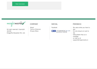 Post Comment
All right reserved. Copyright
2015©
Draganfly Education Pvt. Ltd.
COMPANY
About
Terms of Service
Privacy Policy
SOCIAL
Facebook
1,737 people like this. Sign Up to
see what your friends like.
LikeLike
FEEDBACK
We value what you have to
say-
For any enquiry or just to
say
hello,please drop us a
message
or mail us at
support@magicmarks.in
Save web pages as PDF manually or automatically with PDFmyURL
 