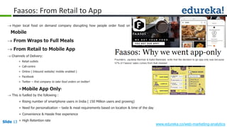 Slide 13
www.edureka.co/web-marketing-analytics
Slide 13
Faasos: From Retail to App
 Hyper local food on demand company disrupting how people order food on
Mobile
 From Wraps to Full Meals
 From Retail to Mobile App
 Channels of Delivery:
» Retail outlets
» Call-centre
» Online ( Inbound website/ mobile enabled )
» Facebook
» Twitter – first company to take food orders on twitter!
»Mobile App Only!
 This is fuelled by the following :
» Rising number of smartphone users in India ( 150 Million users and growing)
» Need for personalization – taste & meal requirements based on location & time of the day
» Convenience & Hassle free experience
» High Retention rate
 