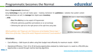 Slide 25
www.edureka.co/web-marketing-analytics
Slide 25
Programmatic becomes the Normal
What is Programmatic Advertising ?
Using technology to buy and sell media space – booking mechanism for publishers ( websites that publish content
where advertisers can sell ) to manage their digital space inventory
 RTB:
» Real Time Bidding is a key aspect of Programmatic
» Efficiently optimizing quadrillion permutations on an ad exchange
» Delivering the right ad to the right person at the right time using data Programmatic , 57%
eMarketer 2015 report on digital display ad spending
Advantages:
• Cost efficiency – Both buyers & sellers using their budget most efficiently for maximum results – ROMI !
• Operational Efficiency: From 10 to 20 Ad buying opportunities analysed by media buyers in a week to a MILLION plus
opportunities a second through machine learning algorithms
100 Billion impressions x 100 variables
Which publisher site? Pages per site? Dimension of ad display? Device type ?
What time of the day ? Day of the week? Regional sentiments? Local weather?
 