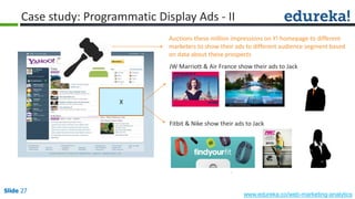 Slide 27
www.edureka.co/web-marketing-analytics
Slide 27
Case study: Programmatic Display Ads - II
Auctions these million impressions on Y! homepage to different
marketers to show their ads to different audience segment based
on data about these prospects
JW Marriott & Air France show their ads to Jack
X
Fitbit & Nike show their ads to Jack
 