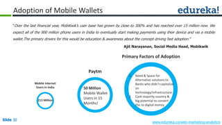 Slide 30
www.edureka.co/web-marketing-analytics
Slide 30
Adoption of Mobile Wallets
“Over the last financial year, MobiKwik’s user base has grown by close to 300% and has reached over 15 million now. We
expect all of the 900 million phone users in India to eventually start making payments using their device and via a mobile
wallet.The primary drivers for this would be education & awareness about the concept driving fast adoption.”
Ajit Narayanan, Social Media Head, Mobikwik
Paytm
50 Million
Mobile Wallet
Users in 15
Months!
Primary Factors of Adoption
1. Need & Space for
Alternative solutions to
Banks who didn’t capitalize
on
technology/infrastructure
2. Cash majority country &
big potential to convert
this to digital money
Mobile Internet
Users in India
213 Million
 
