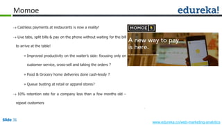 Slide 31
www.edureka.co/web-marketing-analytics
Slide 31
Momoe
 Cashless payments at restaurants is now a reality!
 Live tabs, split bills & pay on the phone without waiting for the bill
to arrive at the table!
» Improved productivity on the waiter’s side: focusing only on
customer service, cross-sell and taking the orders ?
» Food & Grocery home deliveries done cash-lessly ?
» Queue busting at retail or apparel stores?
 10% retention rate for a company less than a few months old –
repeat customers
 