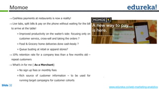 Slide 32
www.edureka.co/web-marketing-analytics
Slide 32
Momoe
 Cashless payments at restaurants is now a reality!
 Live tabs, split bills & pay on the phone without waiting for the bill
to arrive at the table!
» Improved productivity on the waiter’s side: focusing only on
customer service, cross-sell and taking the orders ?
» Food & Grocery home deliveries done cash-lessly ?
» Queue busting at retail or apparel stores?
 10% retention rate for a company less than a few months old –
repeat customers
 What’s in for me ( As a Merchant)
» No sign up fees or monthly fees
» Rich source of customer information – to be used for
running target campaigns for customer cohorts
 