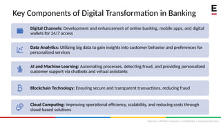 Extentia, a Merkle Company | Confidential | www.extentia.com
Key Components of Digital Transformation in Banking
Digital Channels: Development and enhancement of online banking, mobile apps, and digital
wallets for 24/7 access
Data Analytics: Utilizing big data to gain insights into customer behavior and preferences for
personalized services
AI and Machine Learning: Automating processes, detecting fraud, and providing personalized
customer support via chatbots and virtual assistants
Blockchain Technology: Ensuring secure and transparent transactions, reducing fraud
Cloud Computing: Improving operational efficiency, scalability, and reducing costs through
cloud-based solutions
 