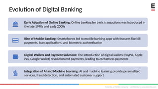 Extentia, a Merkle Company | Confidential | www.extentia.com
Evolution of Digital Banking
Early Adoption of Online Banking: Online banking for basic transactions was introduced in
the late 1990s and early 2000s
Rise of Mobile Banking: Smartphones led to mobile banking apps with features like bill
payments, loan applications, and biometric authentication
Digital Wallets and Payment Solutions: The introduction of digital wallets (PayPal, Apple
Pay, Google Wallet) revolutionized payments, leading to contactless payments
Integration of AI and Machine Learning: AI and machine learning provide personalized
services, fraud detection, and automated customer support
 