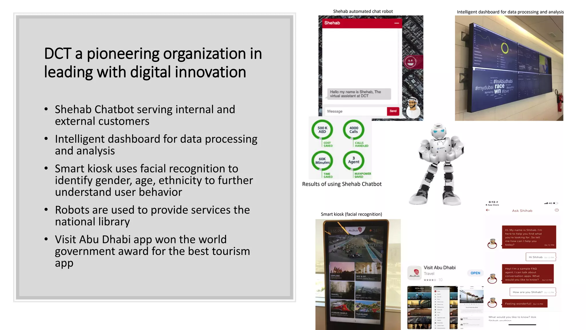 DCT a pioneering organization in
leading with digital innovation
• Shehab Chatbot serving internal and
external customers
• Intelligent dashboard for data processing
and analysis
• Smart kiosk uses facial recognition to
identify gender, age, ethnicity to further
understand user behavior
• Robots are used to provide services the
national library
• Visit Abu Dhabi app won the world
government award for the best tourism
app
Smart kiosk (facial recognition)
Shehab automated chat robot Intelligent dashboard for data processing and analysis
Results of using Shehab Chatbot
 