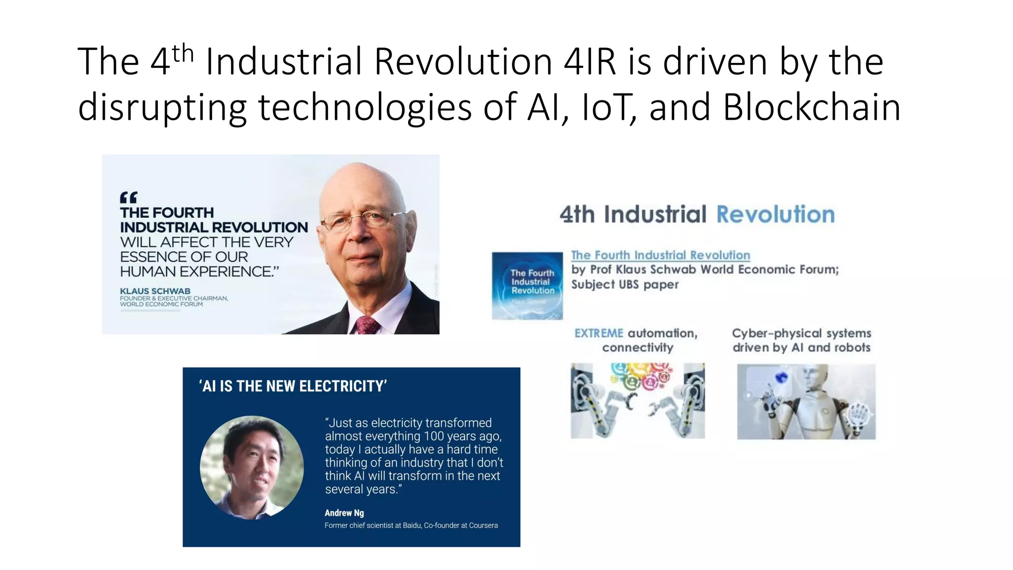 The 4th Industrial Revolution 4IR is driven by the
disrupting technologies of AI, IoT, and Blockchain
 