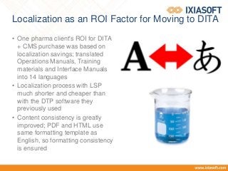 Localization as an ROI Factor for Moving to DITA
• One pharma client's ROI for DITA
+ CMS purchase was based on
localization savings; translated
Operations Manuals, Training
materials and Interface Manuals
into 14 languages
• Localization process with LSP
much shorter and cheaper than
with the DTP software they
previously used
• Content consistency is greatly
improved; PDF and HTML use
same formatting template as
English, so formatting consistency
is ensured
 