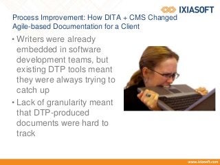 Process Improvement: How DITA + CMS Changed
Agile-based Documentation for a Client
• Writers were already
embedded in software
development teams, but
existing DTP tools meant
they were always trying to
catch up
• Lack of granularity meant
that DTP-produced
documents were hard to
track
 