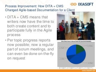Process Improvement: How DITA + CMS
Changed Agile-based Documentation for a Client
• DITA + CMS means that
writers now have the time to
both create content and to
participate fully in the Agile
process
• Per topic progress reports
now possible; now a regular
part of scrum meetings, and
can even be done on-the-fly
on request
 