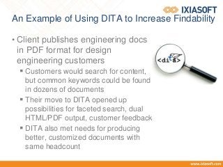An Example of Using DITA to Increase Findability
• Client publishes engineering docs
in PDF format for design
engineering customers
 Customers would search for content,
but common keywords could be found
in dozens of documents
 Their move to DITA opened up
possibilities for faceted search, dual
HTML/PDF output, customer feedback
 DITA also met needs for producing
better, customized documents with
same headcount
 