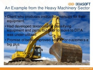 An Example from the Heavy Machinery Sector
• Client who produces instruction manuals for their
equipment
• Had developed taxonomy for classifying
equipment and parts, but prior to move to DITA
was under-utilized
• Promise of better/improved search for customers a
big plus
 