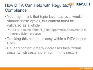How DITA Can Help with Regulatory
Compliance
• You might think that topic-level approval would
shorten these cycles, but content must be
validated as a whole
 Ability to reuse content (if not approvals) does create a
more efficient process
• Tracking this content is easy within a DITA-based
CMS
• Reused content greatly decreases localization
costs (which costs a premium in this sector)
 