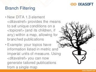 Branch Filtering
• New DITA 1.3 element
<ditavalref> provides the means
to set unique conditions on a
<topicref> (and its children, if
any) within a map, allowing for
branched publications
• Example: your topics have
information listed in metric and
imperial units of measure. Using
<ditavalref> you can now
generate tailored publications
from a single map
 