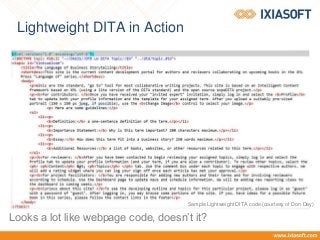 Lightweight DITA in Action
Looks a lot like webpage code, doesn’t it?
Sample Lightweight DITA code (courtesy of Don Day)
 