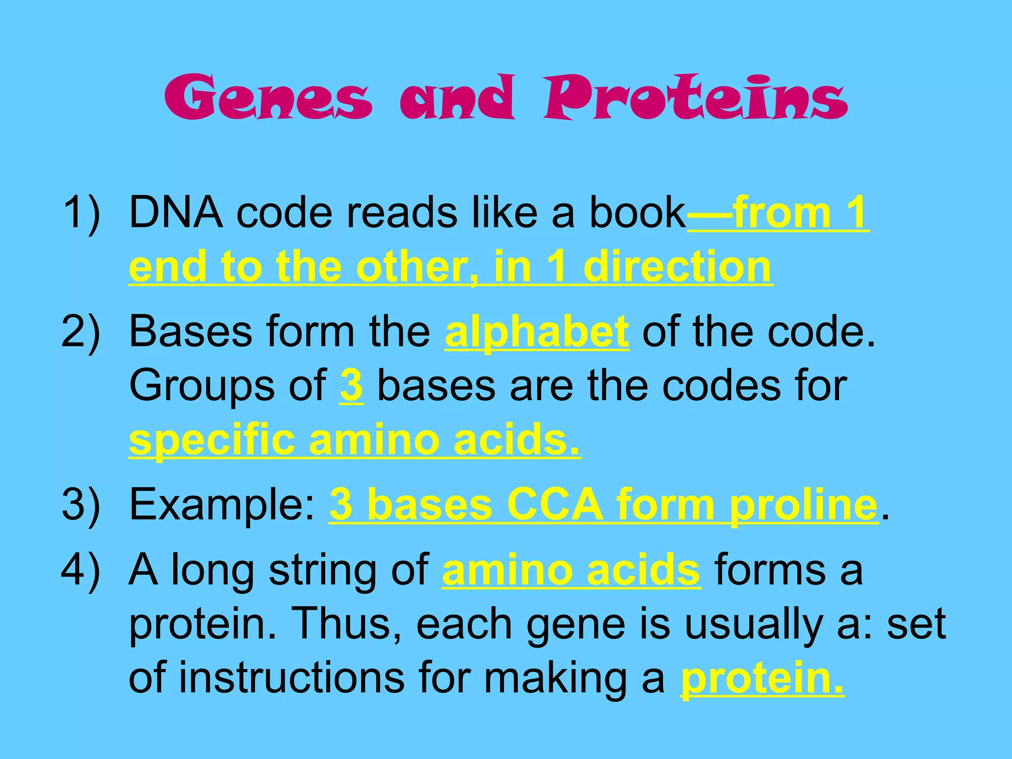 Genes and Proteins
1) DNA code reads like a book—from 1
   end to the other, in 1 direction
2) Bases form the alphabet of the code.
   Groups of 3 bases are the codes for
   specific amino acids.
3) Example: 3 bases CCA form proline.
4) A long string of amino acids forms a
   protein. Thus, each gene is usually a: set
   of instructions for making a protein.
 