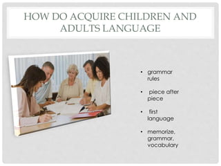 HOW DO ACQUIRE CHILDREN AND
ADULTS LANGUAGE
• grammar
rules
• piece after
piece
• first
language
• memorize,
grammar,
vocabulary
 