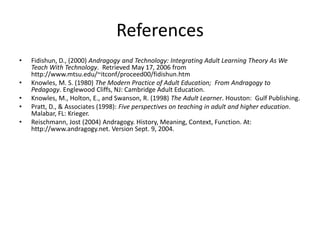 References
• Fidishun, D., (2000) Andragogy and Technology: Integrating Adult Learning Theory As We
Teach With Technology. Retrieved May 17, 2006 from
http://www.mtsu.edu/~itconf/proceed00/fidishun.htm
• Knowles, M. S. (1980) The Modern Practice of Adult Education; From Andragogy to
Pedagogy. Englewood Cliffs, NJ: Cambridge Adult Education.
• Knowles, M., Holton, E., and Swanson, R. (1998) The Adult Learner. Houston: Gulf Publishing.
• Pratt, D., & Associates (1998): Five perspectives on teaching in adult and higher education.
Malabar, FL: Krieger.
• Reischmann, Jost (2004) Andragogy. History, Meaning, Context, Function. At:
http://www.andragogy.net. Version Sept. 9, 2004.
 