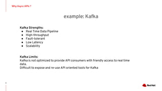 Why Async APIs ?
6
example: Kafka
Kafka Strengths:
● Real Time Data Pipeline
● High-throughput
● Fault-tolerant
● Low Latency
● Scalability
Kafka Limits:
Kafka is not optimized to provide API consumers with friendly access to real time
data.
Difficult to expose and re-use API oriented tools for Kafka
 