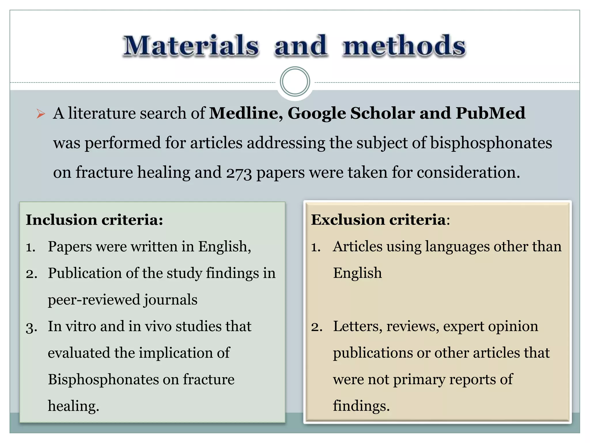  A literature search of Medline, Google Scholar and PubMed
was performed for articles addressing the subject of bisphosphonates
on fracture healing and 273 papers were taken for consideration.
Inclusion criteria:
1. Papers were written in English,
2. Publication of the study findings in
peer-reviewed journals
3. In vitro and in vivo studies that
evaluated the implication of
Bisphosphonates on fracture
healing.
Exclusion criteria:
1. Articles using languages other than
English
2. Letters, reviews, expert opinion
publications or other articles that
were not primary reports of
findings.
 