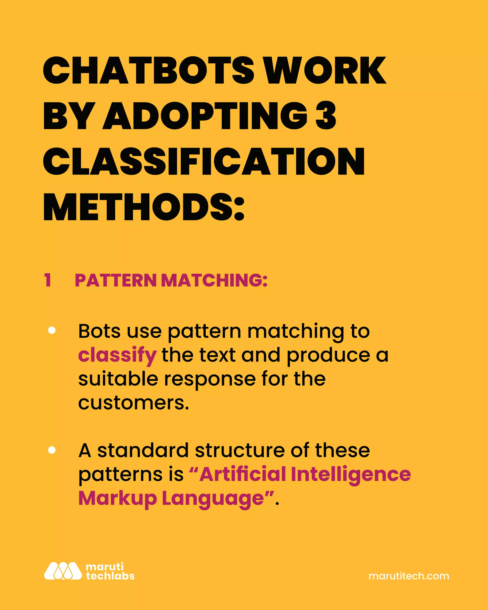 CHATBOTS WORK
BY ADOPTING 3
CLASSIFICATION
METHODS:
marutitech.com
PATTERN MATCHING:
1
Bots use pattern matching to
classify the text and produce a
suitable response for the
customers.
A standard structure of these
patterns is “Artiﬁcial Intelligence
Markup Language”.
 