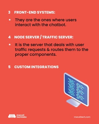 marutitech.com
FRONT-END SYSTEMS:
3
They are the ones where users
interact with the chatbot.
NODE SERVER / TRAFFIC SERVER:
4
It is the server that deals with user
trafﬁc requests & routes them to the
proper components.
CUSTOM INTEGRATIONS
5
 