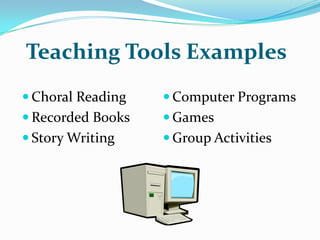 Teaching Tools ExamplesChoral ReadingRecorded BooksStory WritingComputer ProgramsGamesGroup Activities