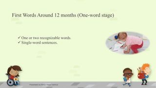 First Words Around 12 months (One-word stage)
 One or two recognizable words.
 Single-word sentences.
Presentation by Monjur Hasan mahmud
 