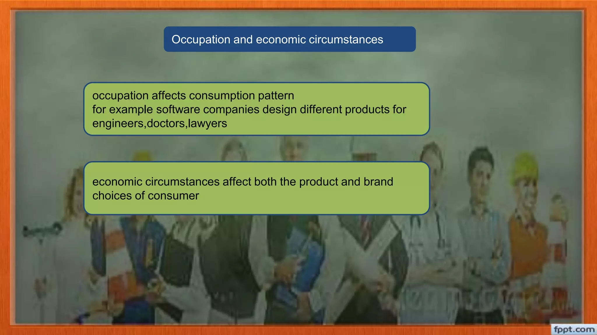 occupation affects consumption pattern
for example software companies design different products for
engineers,doctors,lawyers
economic circumstances affect both the product and brand
choices of consumer
Occupation and economic circumstances
 