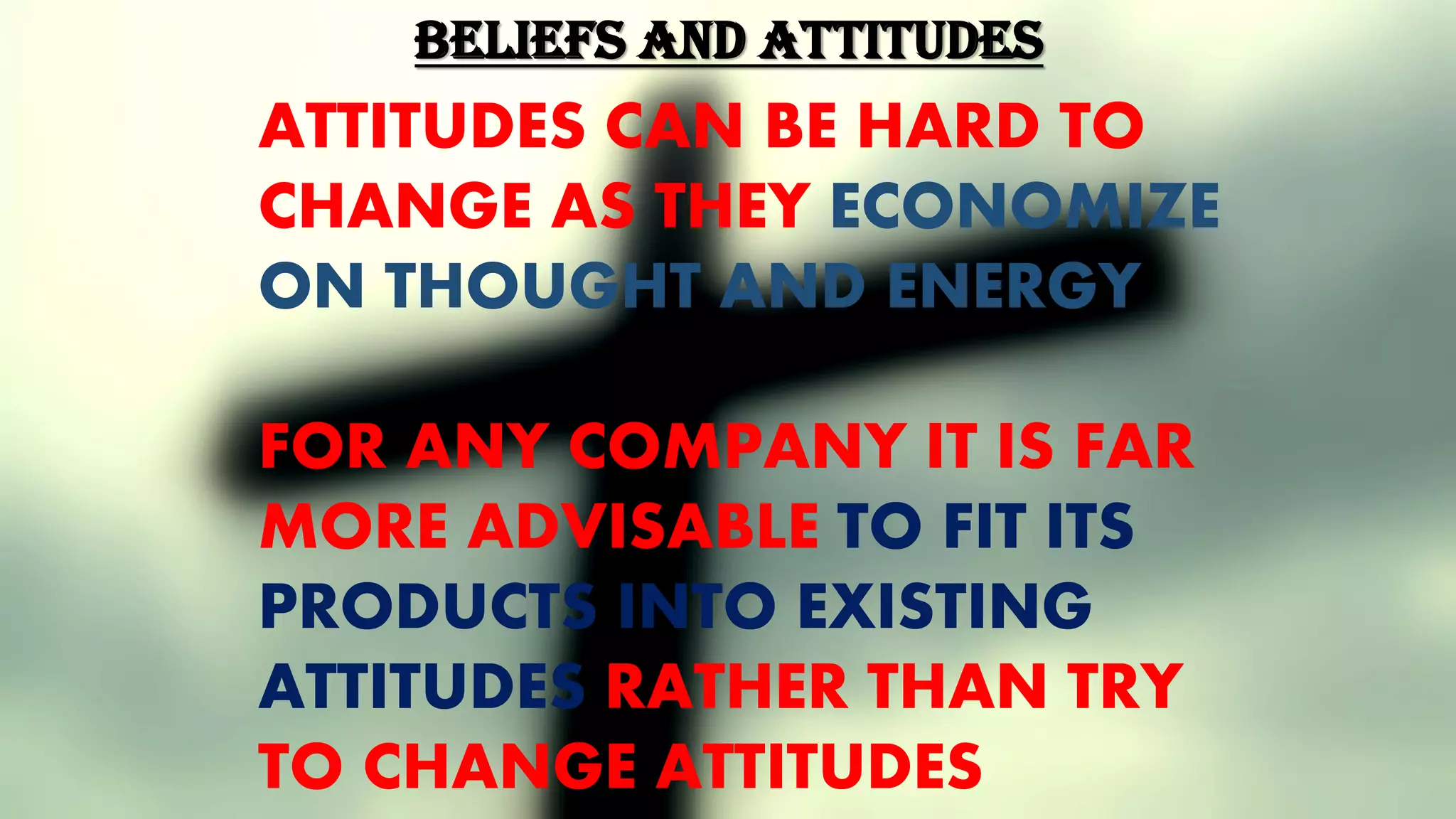 BELIEFS AND ATTITUDES
ATTITUDES CAN BE HARD TO
CHANGE AS THEY ECONOMIZE
ON THOUGHT AND ENERGY
FOR ANY COMPANY IT IS FAR
MORE ADVISABLE TO FIT ITS
PRODUCTS INTO EXISTING
ATTITUDES RATHER THAN TRY
TO CHANGE ATTITUDES
 