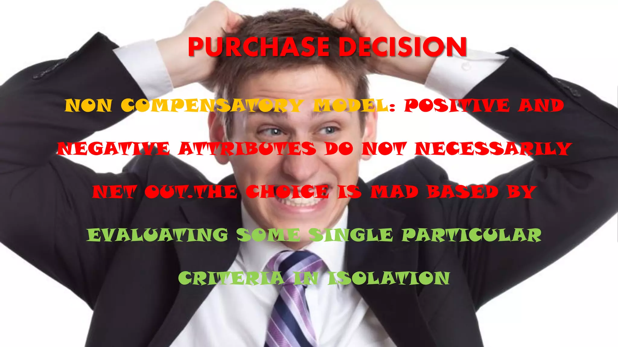 PURCHASE DECISION
NON COMPENSATORY MODEL: POSITIVE AND
NEGATIVE ATTRIBUTES DO NOT NECESSARILY
NET OUT.THE CHOICE IS MAD BASED BY
EVALUATING SOME SINGLE PARTICULAR
CRITERIA IN ISOLATION
 