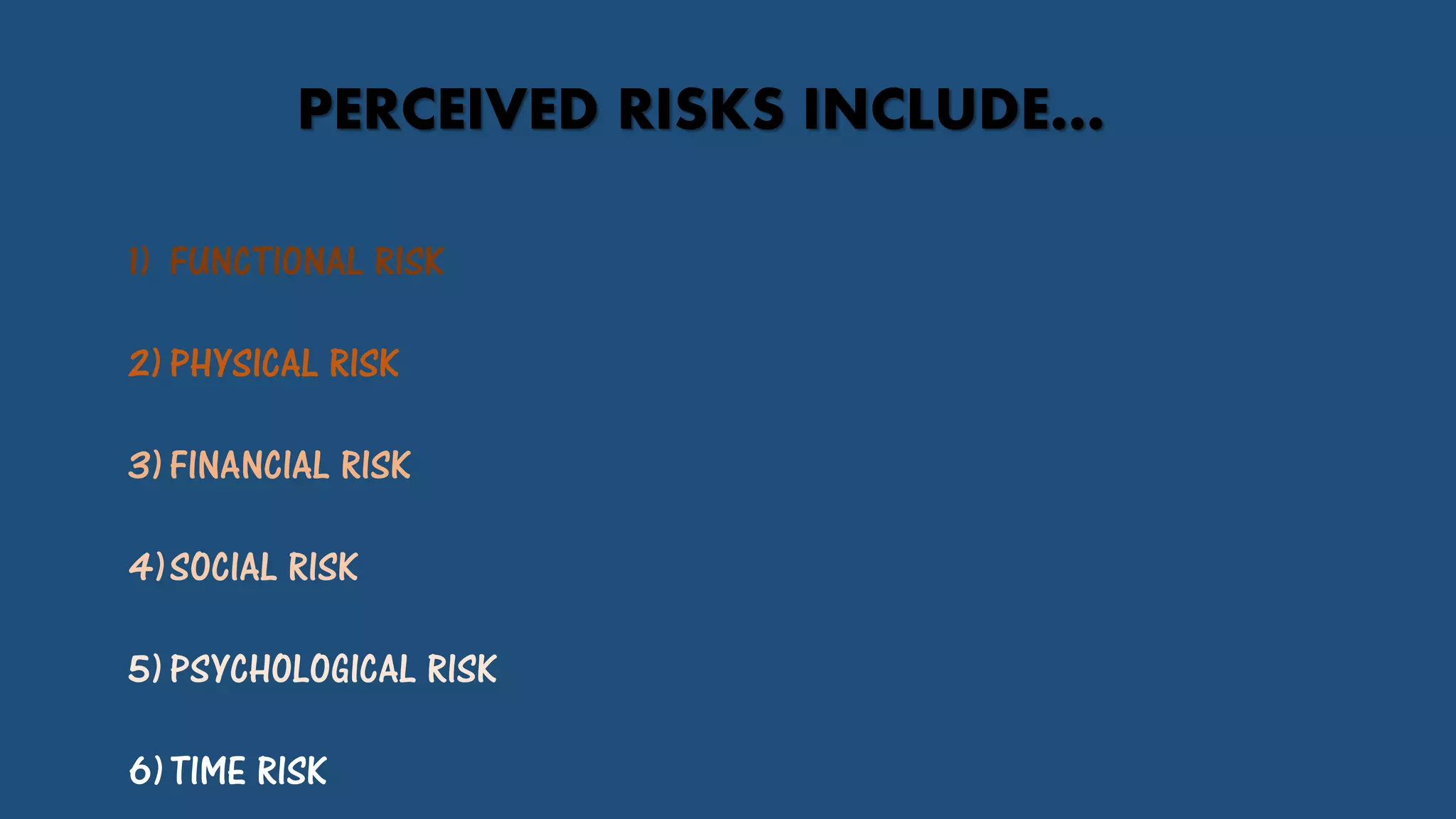 PERCEIVED RISKS INCLUDE…
1) FUNCTIONAL RISK
2)PHYSICAL RISK
3)FINANCIAL RISK
4)SOCIAL RISK
5)PSYCHOLOGICAL RISK
6)TIME RISK
 