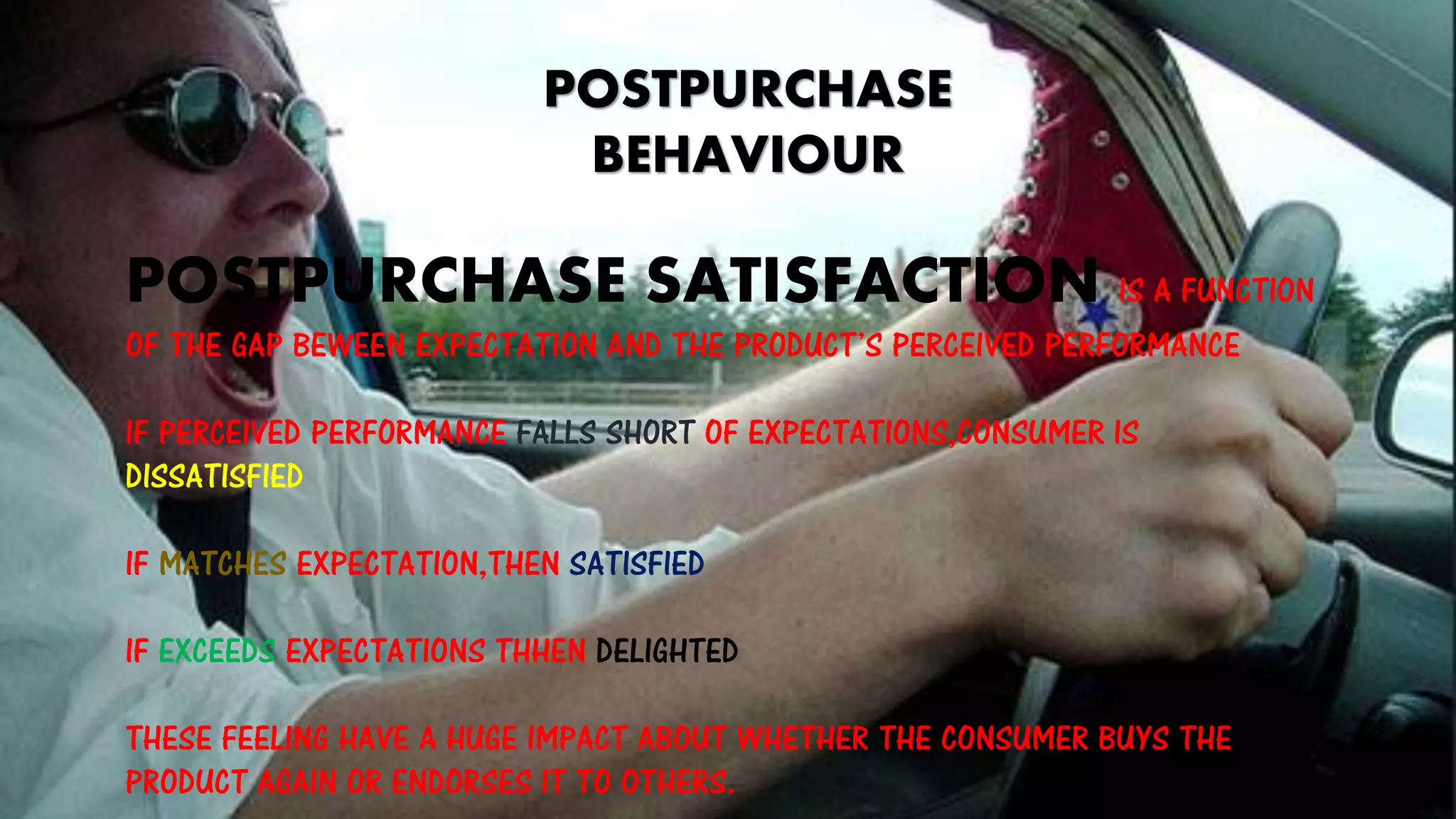 POSTPURCHASE
BEHAVIOUR
POSTPURCHASE SATISFACTION IS A FUNCTION
OF THE GAP BEWEEN EXPECTATION AND THE PRODUCT’S PERCEIVED PERFORMANCE
IF PERCEIVED PERFORMANCE FALLS SHORT OF EXPECTATIONS,CONSUMER IS
DISSATISFIED
IF MATCHES EXPECTATION,THEN SATISFIED
IF EXCEEDS EXPECTATIONS THHEN DELIGHTED
THESE FEELING HAVE A HUGE IMPACT ABOUT WHETHER THE CONSUMER BUYS THE
PRODUCT AGAIN OR ENDORSES IT TO OTHERS.
 