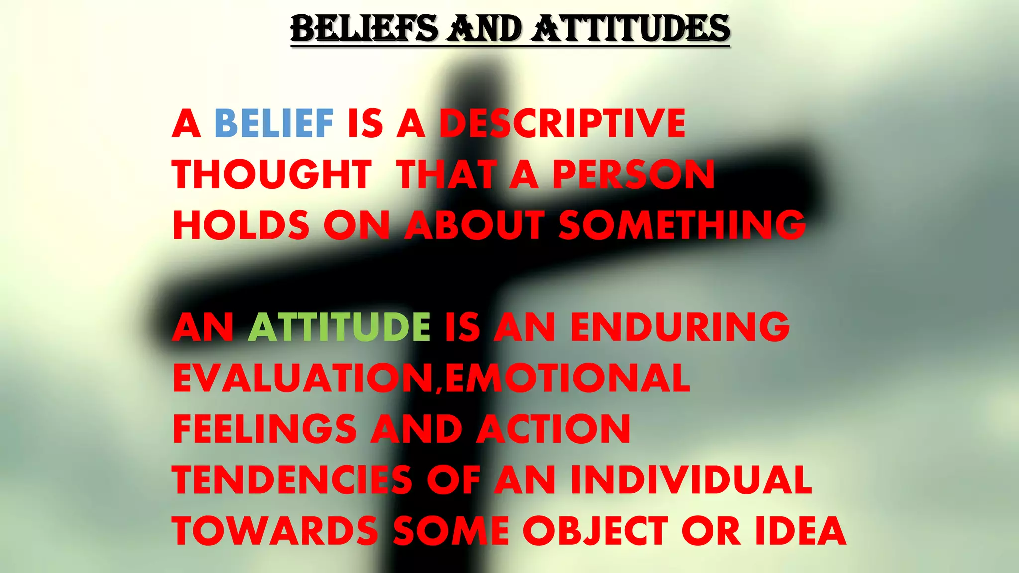 BELIEFS AND ATTITUDES
A BELIEF IS A DESCRIPTIVE
THOUGHT THAT A PERSON
HOLDS ON ABOUT SOMETHING
AN ATTITUDE IS AN ENDURING
EVALUATION,EMOTIONAL
FEELINGS AND ACTION
TENDENCIES OF AN INDIVIDUAL
TOWARDS SOME OBJECT OR IDEA
 