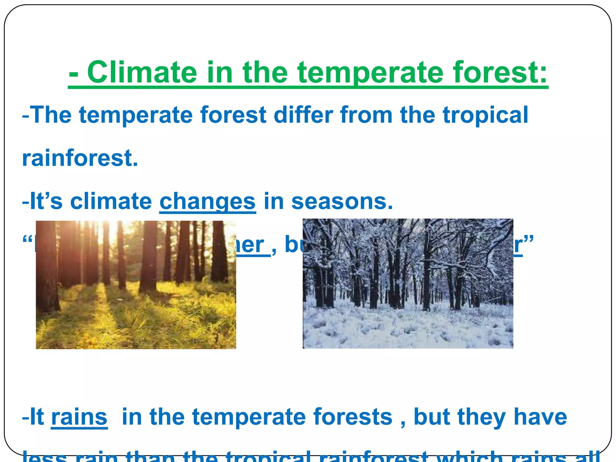 - Climate in the temperate forest:
-The temperate forest differ from the tropical
rainforest.
-It’s climate changes in seasons.
“It’s warm in summer , but it’s cold in winter”

-It rains in the temperate forests , but they have

 