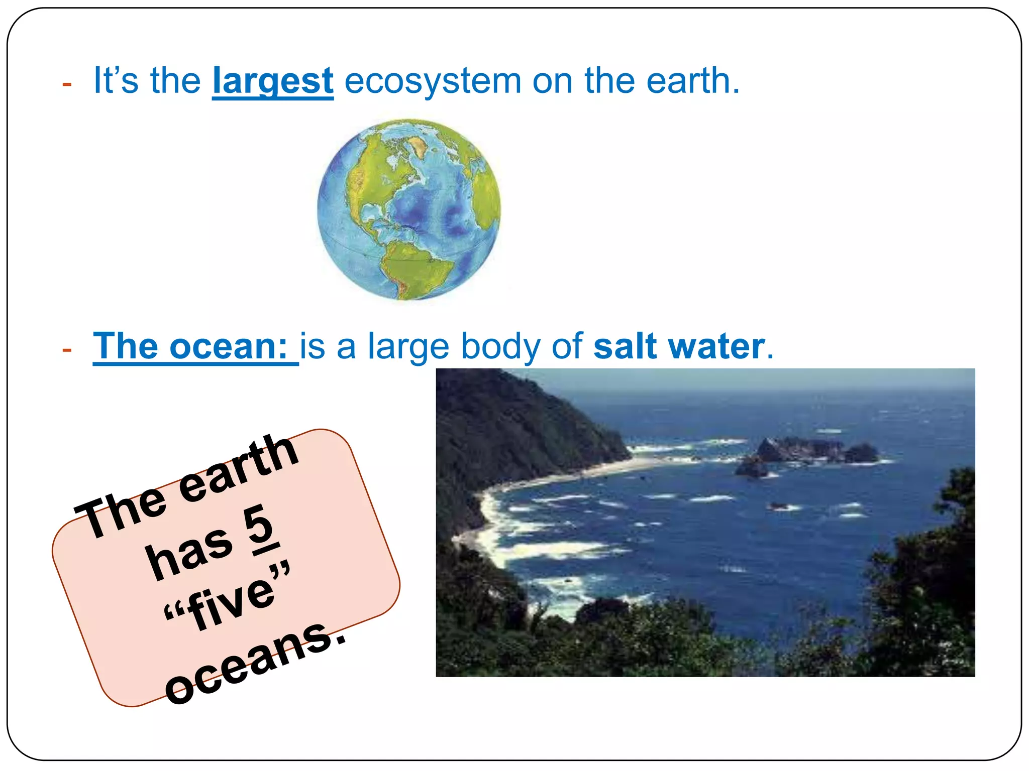 - It’s the largest ecosystem on the earth.

- The ocean: is a large body of salt water.

 