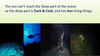 The sun can’t reach the Deep part of the ocean
so the deep part is Dark & Cold, and has less living things.
 