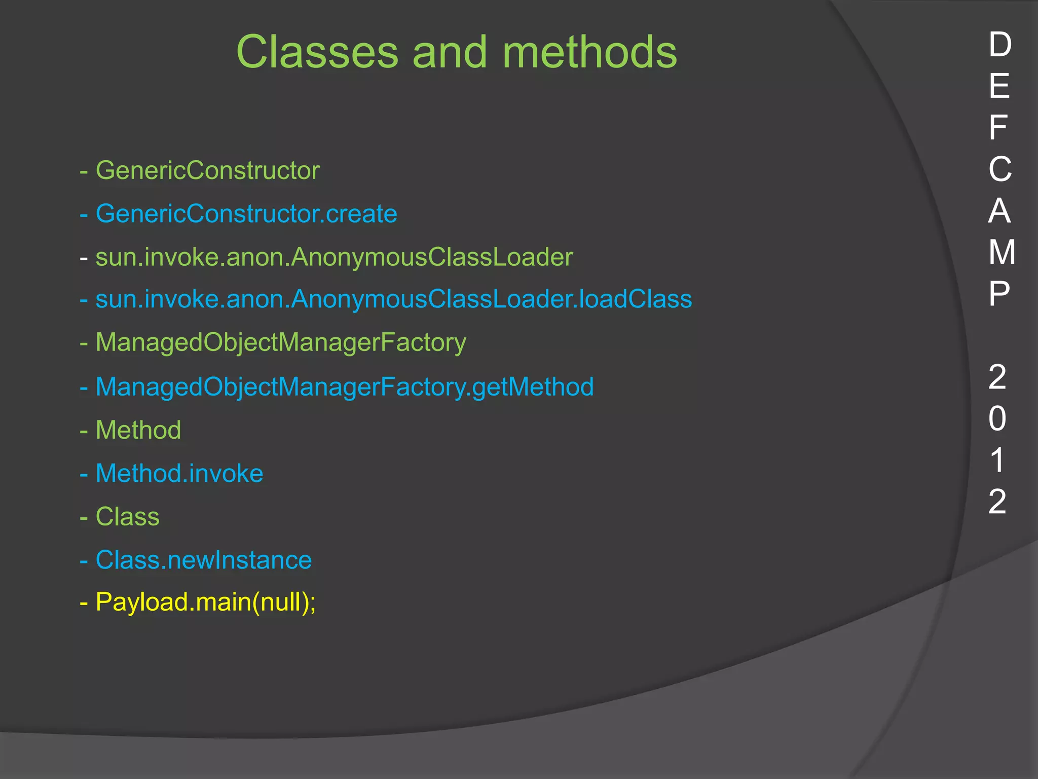 Classes and methods                   D
                                                   E
                                                   F
- GenericConstructor                               C
- GenericConstructor.create                        A
- sun.invoke.anon.AnonymousClassLoader             M
- sun.invoke.anon.AnonymousClassLoader.loadClass   P
- ManagedObjectManagerFactory
- ManagedObjectManagerFactory.getMethod            2
- Method                                           0
- Method.invoke                                    1
- Class                                            2
- Class.newInstance
- Payload.main(null);
 