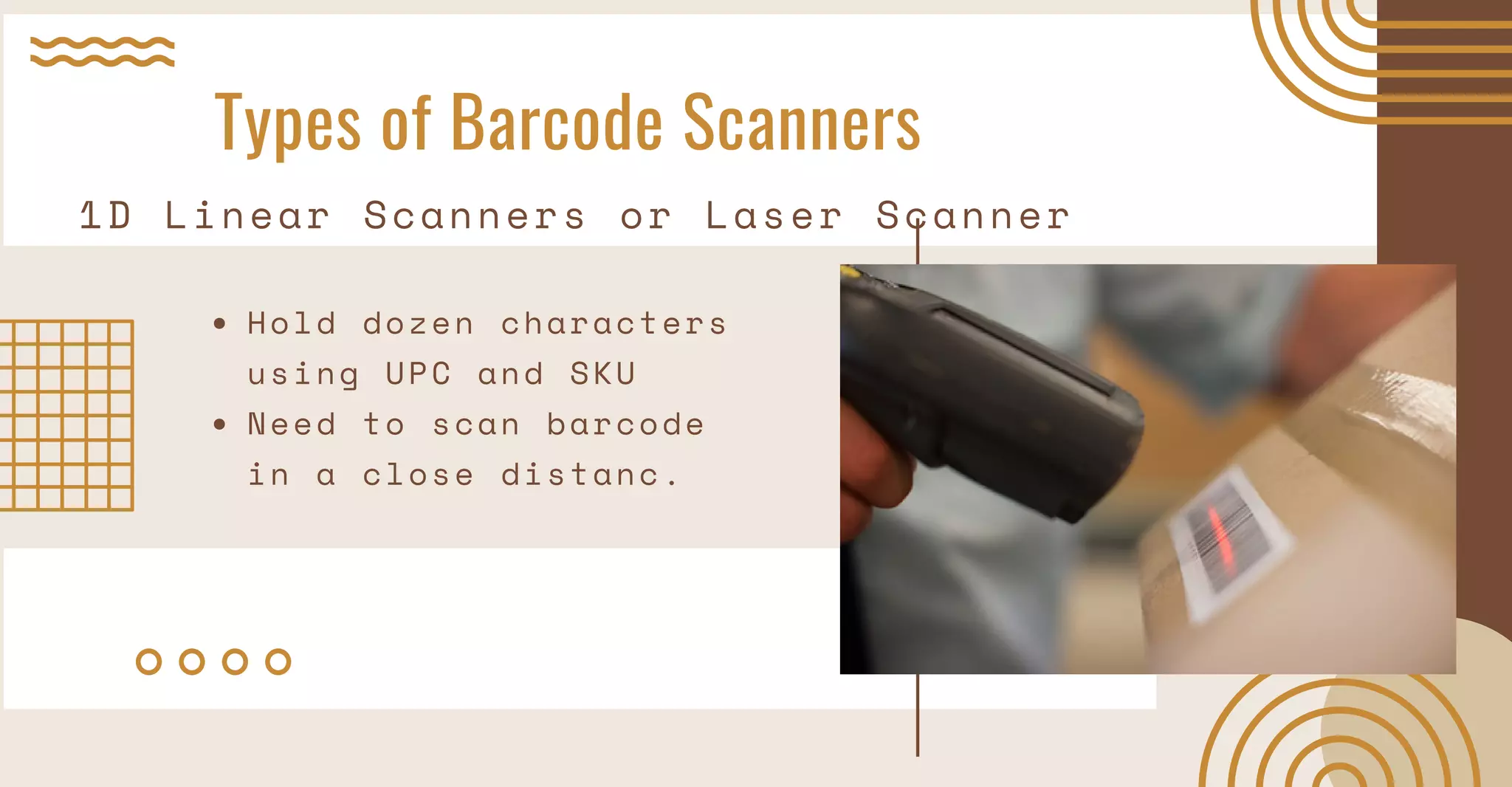 Types of Barcode Scanners
1D Linear Scanners or Laser Scanner
Hold dozen characters
using UPC and SKU
Need to scan barcode
in a close distanc.
 