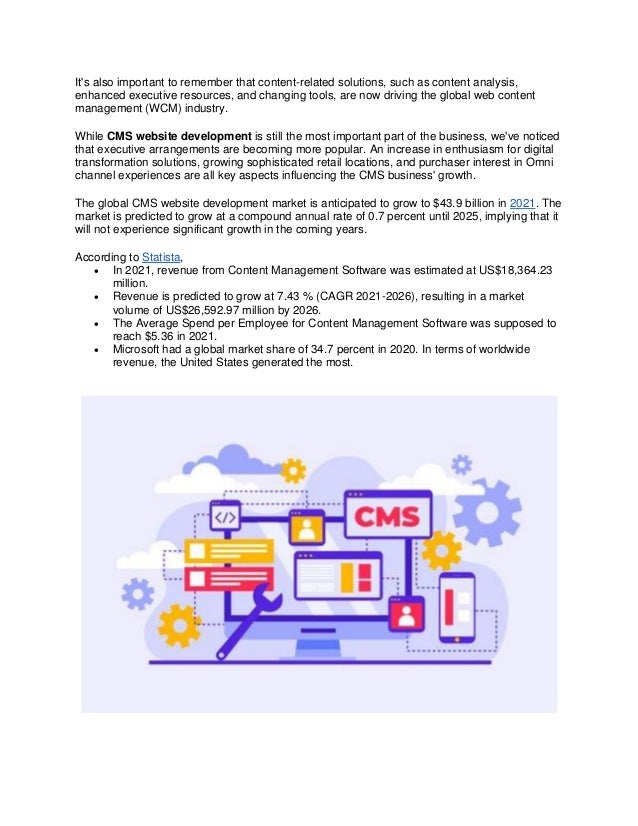 It's also important to remember that content-related solutions, such as content analysis,
enhanced executive resources, and changing tools, are now driving the global web content
management (WCM) industry.
While CMS website development is still the most important part of the business, we've noticed
that executive arrangements are becoming more popular. An increase in enthusiasm for digital
transformation solutions, growing sophisticated retail locations, and purchaser interest in Omni
channel experiences are all key aspects influencing the CMS business' growth.
The global CMS website development market is anticipated to grow to $43.9 billion in 2021. The
market is predicted to grow at a compound annual rate of 0.7 percent until 2025, implying that it
will not experience significant growth in the coming years.
According to Statista,
• In 2021, revenue from Content Management Software was estimated at US$18,364.23
million.
• Revenue is predicted to grow at 7.43 % (CAGR 2021-2026), resulting in a market
volume of US$26,592.97 million by 2026.
• The Average Spend per Employee for Content Management Software was supposed to
reach $5.36 in 2021.
• Microsoft had a global market share of 34.7 percent in 2020. In terms of worldwide
revenue, the United States generated the most.
 