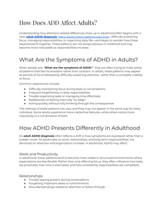 Understanding Adult ADHD: Symptoms, Diagnosis, and Treatment | PDF