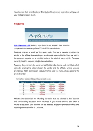 14
have to meet their strict Customer Distribution Requirement before they will pay out
your first commission check.
PaySpree
http://payspree.com Free to sign up to as an affiliate, their products
compensations rates range from 50% to 100%commissions.
Payspree charges a small fee from every sale. The fee is payable by either the
vendor or the affiliate dependant upon who the sale was credited to. Fees are paid to
the program operator on a monthly basis at the start of each month. Payspree
currently has 274 products listed in its marketplace.
Payspree does not work the same way as Clickbank by sharing each individual sale it
works by sharing the sales between the vendor and the affiliate. Unless you are
promoting a 100% commission product, the first sale you make, always goes to the
product vendor.
Affiliates are responsible for refunding any sales that are credited to their account
and subsequently requested to be refunded. If you do not refund a sale when a
refund is requested your account can be disabled. Payspree provides tracking and
reporting statistics similar to Clickbank.
 