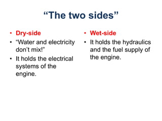 “The two sides”
• Dry-side                  • Wet-side
• “Water and electricity    • It holds the hydraulics
  don’t mix!”                 and the fuel supply of
• It holds the electrical     the engine.
  systems of the
  engine.
 