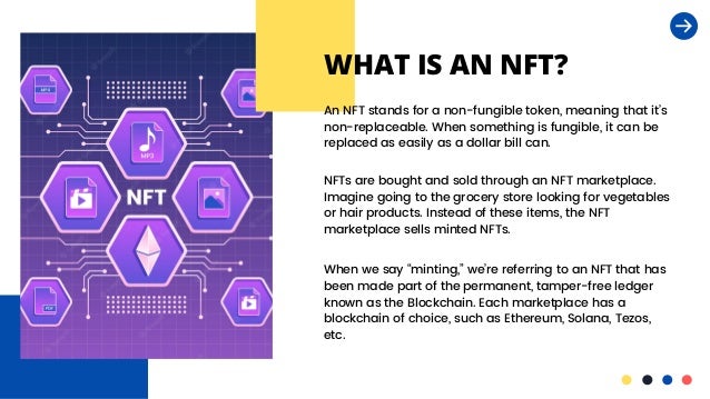 WHAT IS AN NFT?
An NFT stands for a non-fungible token, meaning that it’s

non-replaceable. When something is fungible, it can be

replaced as easily as a dollar bill can.
NFTs are bought and sold through an NFT marketplace.

Imagine going to the grocery store looking for vegetables

or hair products. Instead of these items, the NFT

marketplace sells minted NFTs.
When we say “minting,” we’re referring to an NFT that has

been made part of the permanent, tamper-free ledger

known as the Blockchain. Each marketplace has a

blockchain of choice, such as Ethereum, Solana, Tezos,

etc.
 