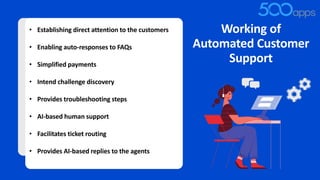 • Establishing direct attention to the customers
• Enabling auto-responses to FAQs
• Simplified payments
• Intend challenge discovery
• Provides troubleshooting steps
• AI-based human support
• Facilitates ticket routing
• Provides AI-based replies to the agents
Working of
Automated Customer
Support
 