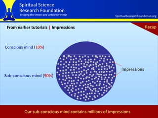 From earlier tutorials  |  Impressions Our sub-conscious mind contains millions of impressions Conscious mind ( 10% ) Sub-conscious mind ( 90% ) Impressions Recap 