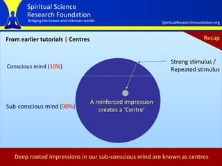 From earlier tutorials  |  Centres Strong stimulus / Repeated stimulus A reinforced impression creates a ‘Centre’ Deep rooted impressions in our sub-conscious mind are known as centres   Conscious mind ( 10% ) Sub-conscious mind ( 90% ) Recap 